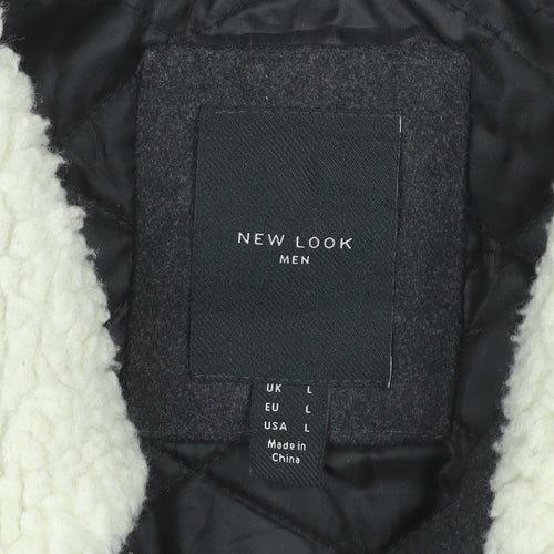 New Look Men Black L Bomber Jacket Wool Blend Faux Shearling Collar