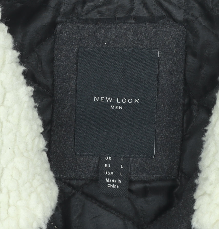 New Look Men Black L Bomber Jacket Wool Blend Faux Shearling Collar