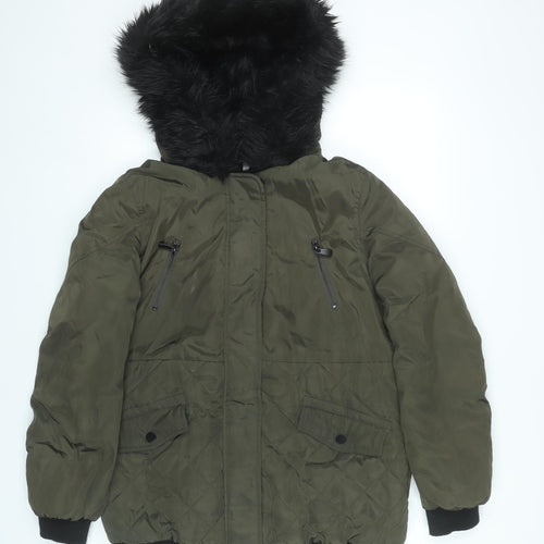 New Look Women’s Green Quilted Puffer Jacket UK 14 Faux Fur Hood