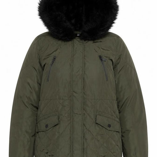 New Look Women’s Green Quilted Puffer Jacket UK 14 Faux Fur Hood