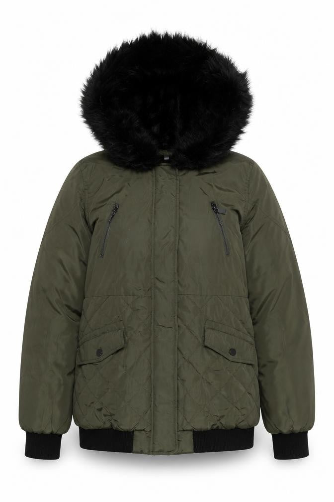New Look Women’s Green Quilted Puffer Jacket UK 14 Faux Fur Hood