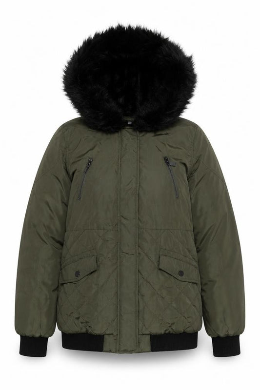 Front view of New Look Women’s Green Quilted Puffer Jacket UK 14 Faux Fur Hood