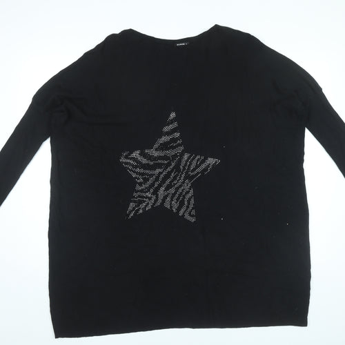 Roman Womens Black XL Star Rhinestone Relaxed Pullover Jumper
