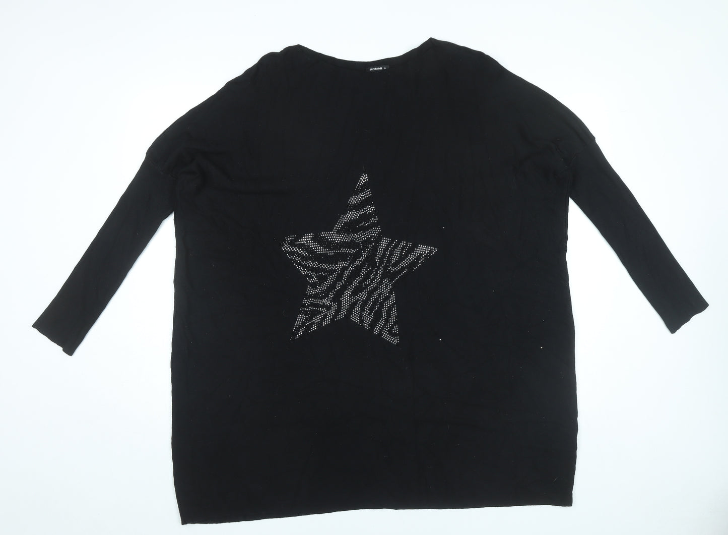 Roman Womens Black XL Star Rhinestone Relaxed Pullover Jumper