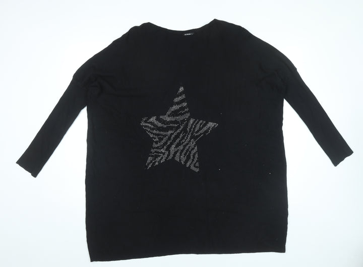 Roman Womens Black XL Star Rhinestone Relaxed Pullover Jumper