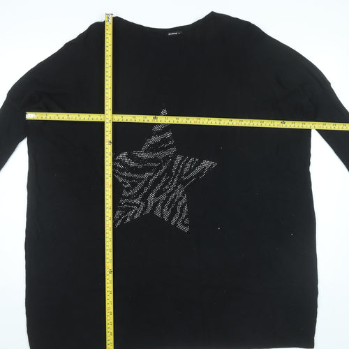 Roman Womens Black XL Star Rhinestone Relaxed Pullover Jumper