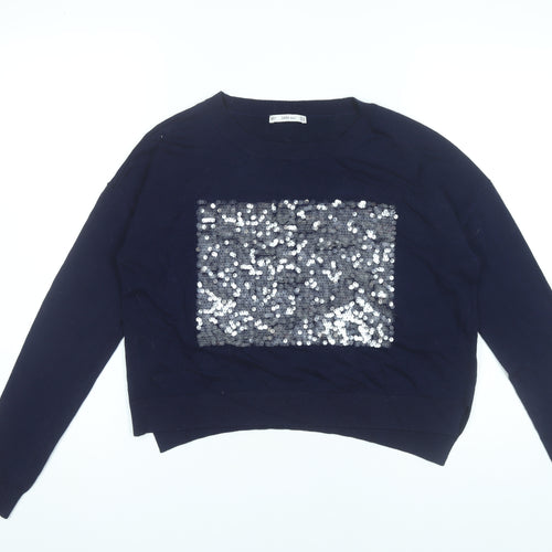 Zara Women’s Blue Sequin Pullover Jumper Size M Crew Neck Knit