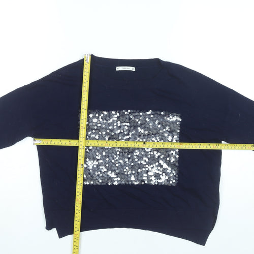 Zara Women’s Blue Sequin Pullover Jumper Size M Crew Neck Knit