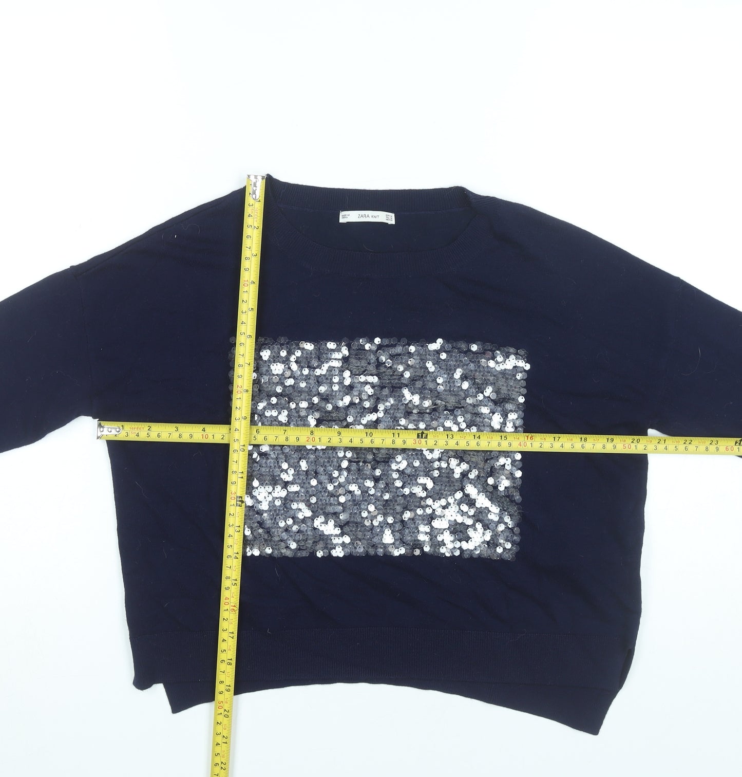 Zara Women’s Blue Sequin Pullover Jumper Size M Crew Neck Knit