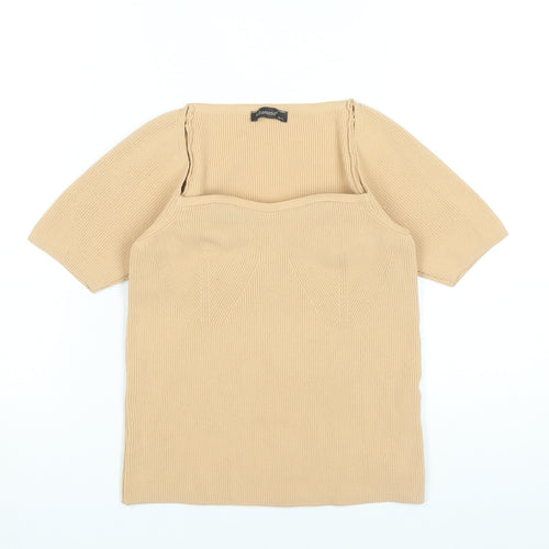 Fullamoda Women’s Beige Knit Square Neck Blouse M Short Sleeve