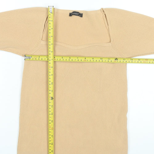 Fullamoda Women’s Beige Knit Square Neck Blouse M Short Sleeve