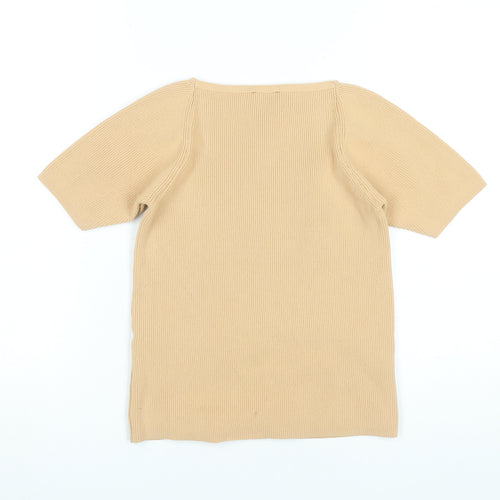 Fullamoda Women’s Beige Knit Square Neck Blouse M Short Sleeve