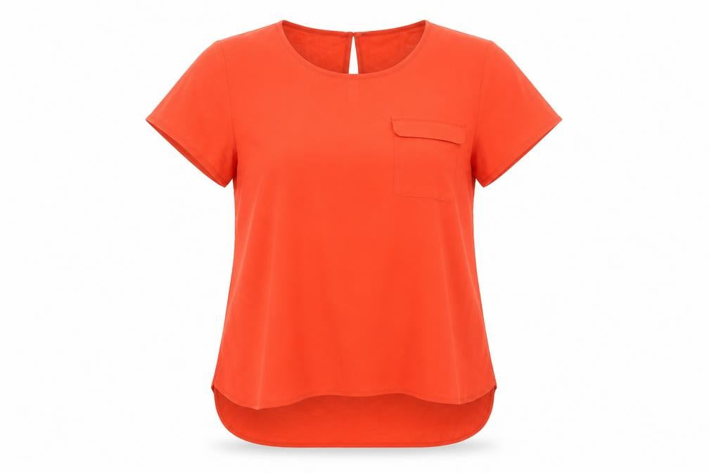 Front view of French Connection Women’s Red Tunic Blouse, size S, Short Sleeve