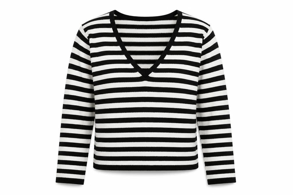 Front view of Liquid Women’s Black White Striped V-Neck jumper L