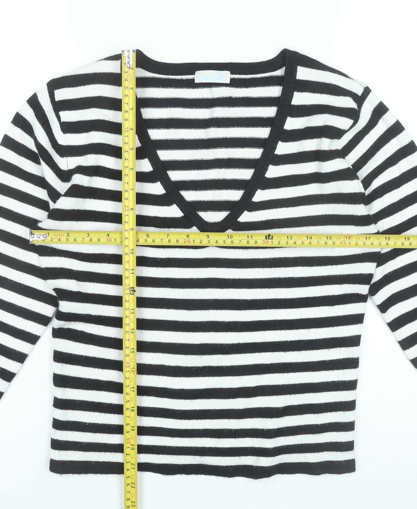 Liquid Women’s Black White Striped V-Neck Pullover Jumper L