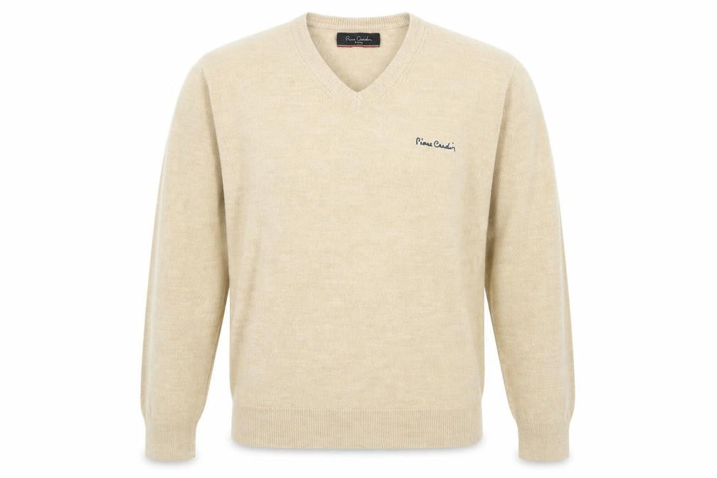 Front view of Pierre Cardin men’s beige xl v-neck jumper acrylic knit
