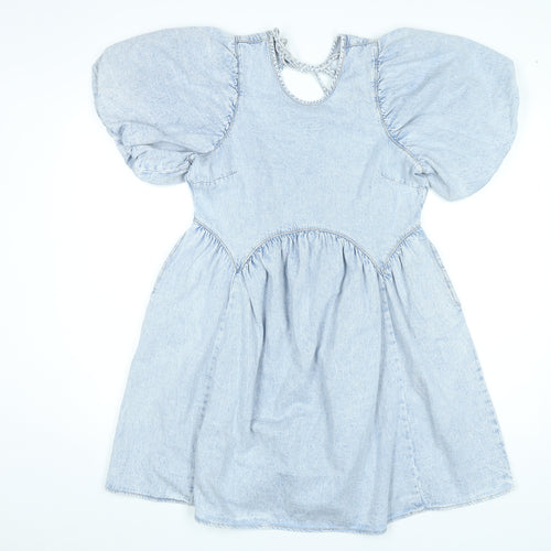 George Women’s Blue Puff Sleeve A-Line Cotton Denim Dress Size 8