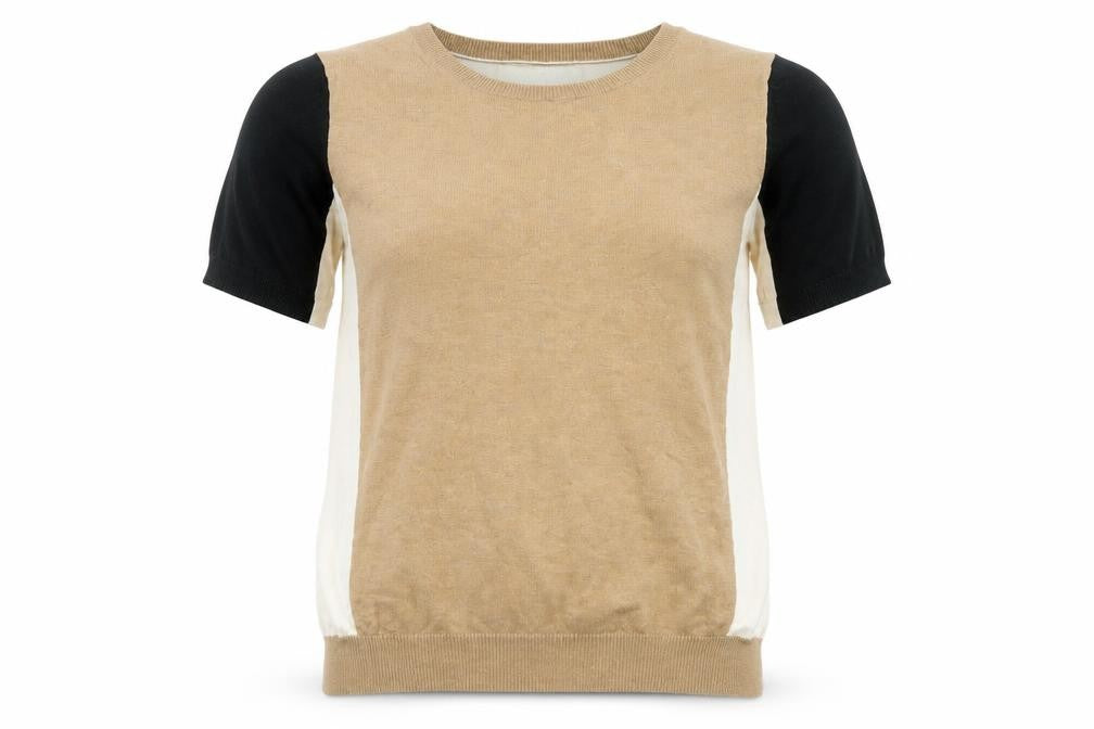 Front view of Next Women’s Beige Black Ivory jumper, size UK 14, Short Sleeve