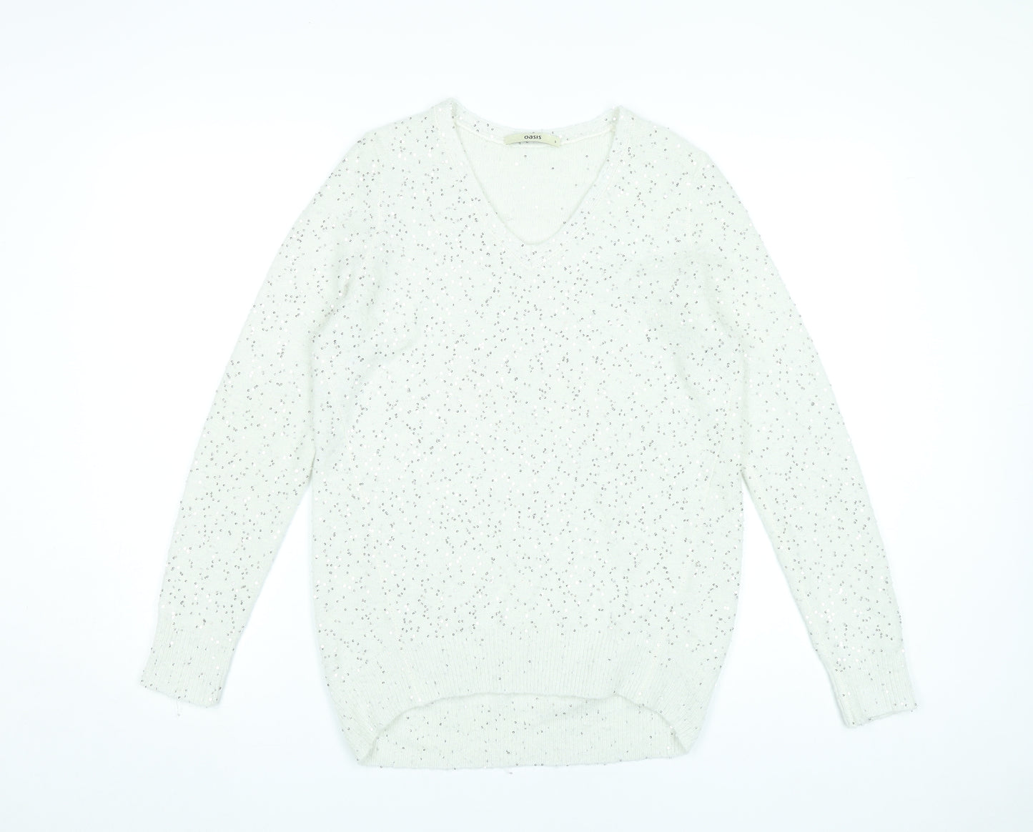 Oasis Womens White Sequin V-Neck Pullover Jumper Size S