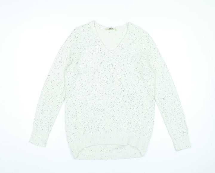 Oasis Womens White Sequin V-Neck Pullover Jumper Size S