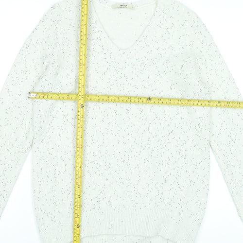 Oasis Womens White Sequin V-Neck Pullover Jumper Size S