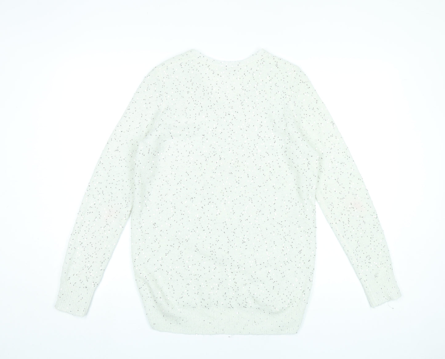 Oasis Womens White Sequin V-Neck Pullover Jumper Size S