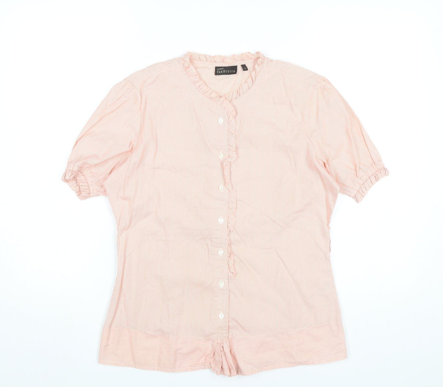 Van Heusen Women Pink Striped Cotton Blouse M Short Sleeve