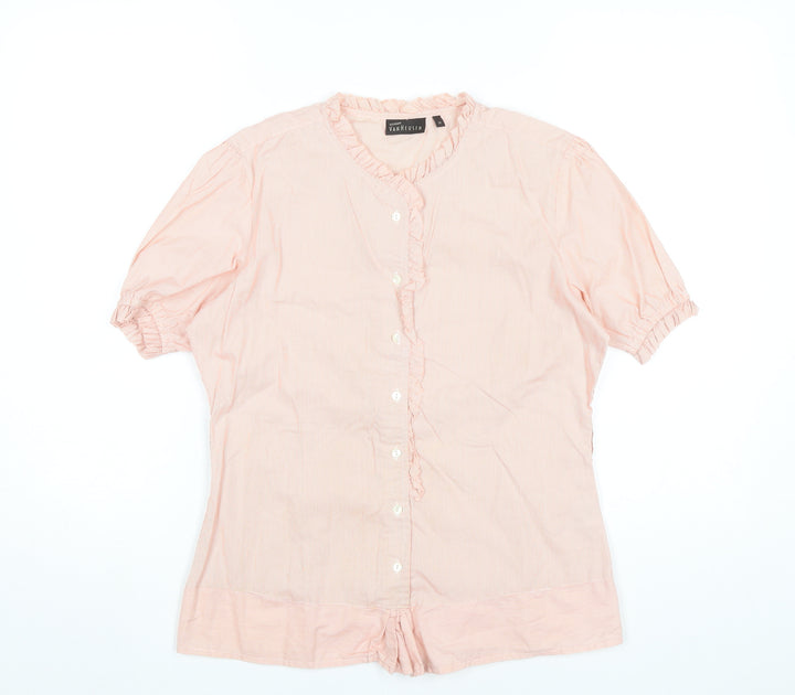 Van Heusen Women Pink Striped Cotton Blouse M Short Sleeve