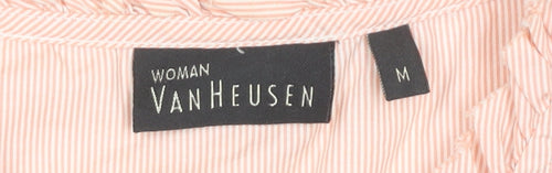 Van Heusen Women Pink Striped Cotton Blouse M Short Sleeve