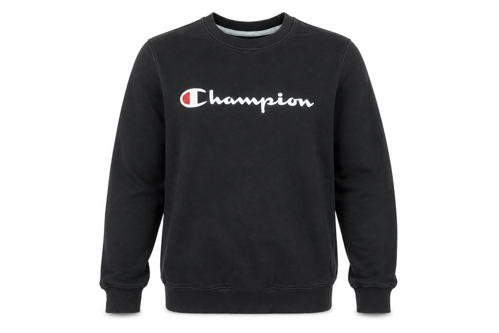 Front view of Champion Men's Black Small Pullover Sweatshirt Logo Print