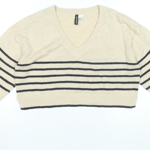 H&M Women’s Beige Striped V-Neck Pullover Jumper Size 12