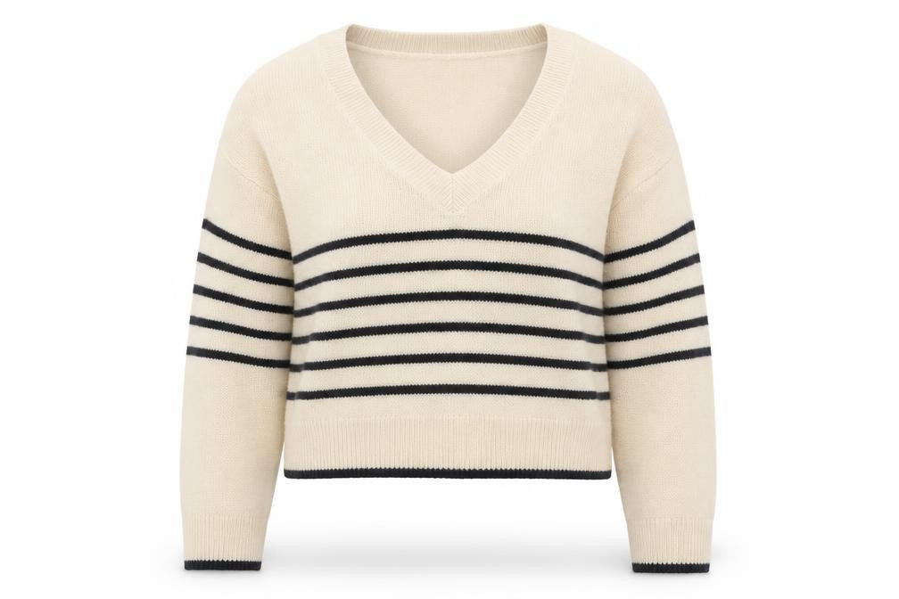 Front view of H&M Women’s Beige Striped V-Neck jumper, size UK 12