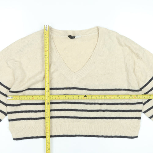 H&M Women’s Beige Striped V-Neck Pullover Jumper Size 12