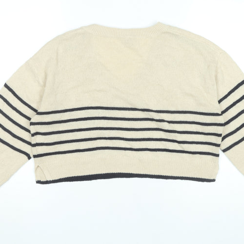H&M Women’s Beige Striped V-Neck Pullover Jumper Size 12