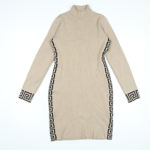 Esther.H Women Beige Bodycon Knit Dress Roll Neck One Size