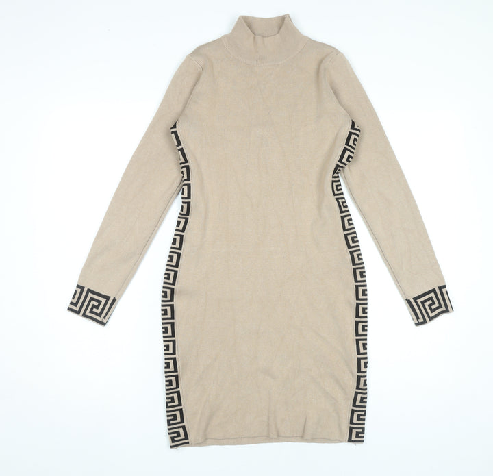 Esther.H Women Beige Bodycon Knit Dress Roll Neck One Size