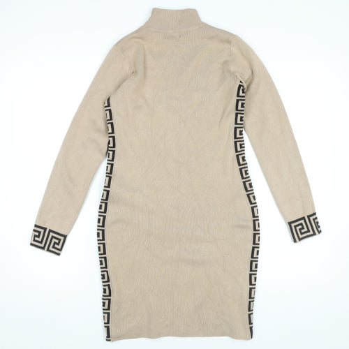 Esther.H Women Beige Bodycon Knit Dress Roll Neck One Size