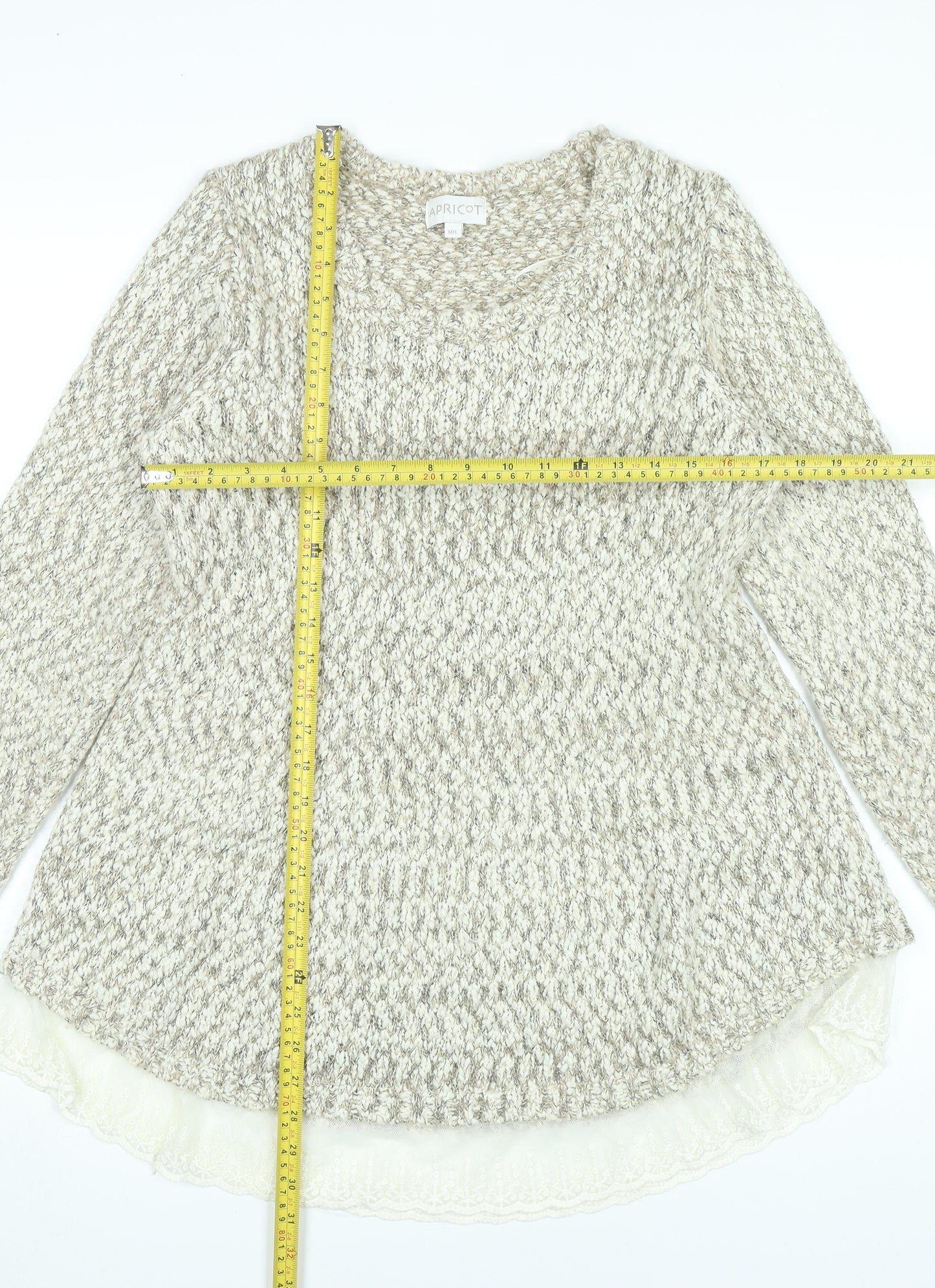 Apricot Women’s Beige Knit Jumper Dress M Long Sleeve Lace Hem