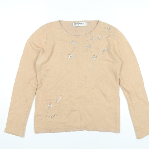 Cordelia Womens Beige Sequin Embellished Jumper Size 10 Pullover Knitwear