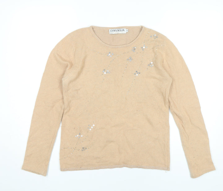 Cordelia Womens Beige Sequin Embellished Jumper Size 10 Pullover Knitwear