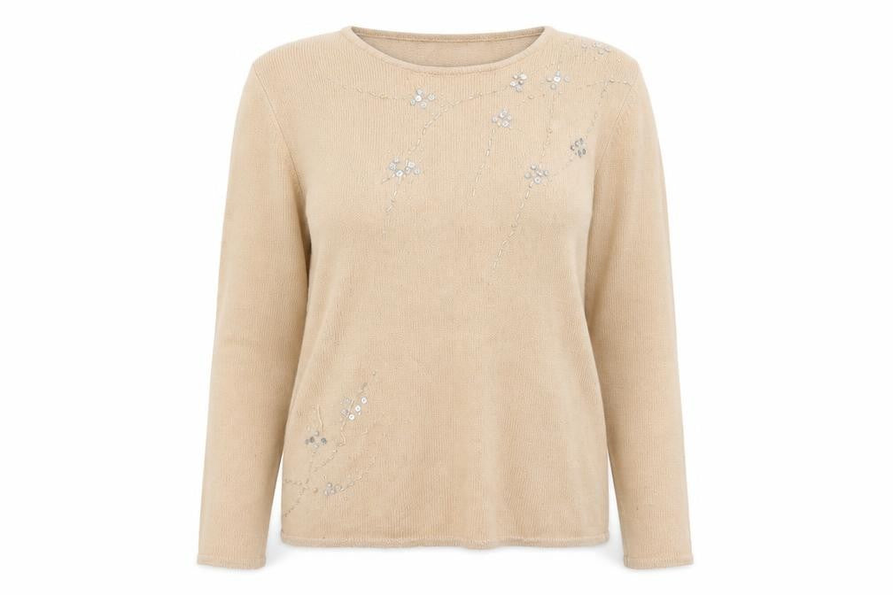 Front view of Cordelia women’s beige sequin embellished jumper, size UK 10, pullover knitwear
