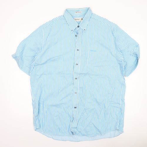 Pringle of Scotland Men's Blue Striped Cotton Short Sleeve Button-Up Shirt XL