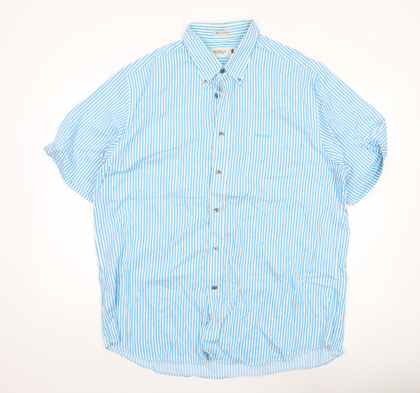 Pringle of Scotland Men's Blue Striped Cotton Short Sleeve Button-Up Shirt XL
