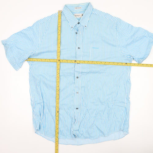 Pringle of Scotland Men's Blue Striped Cotton Short Sleeve Button-Up Shirt XL