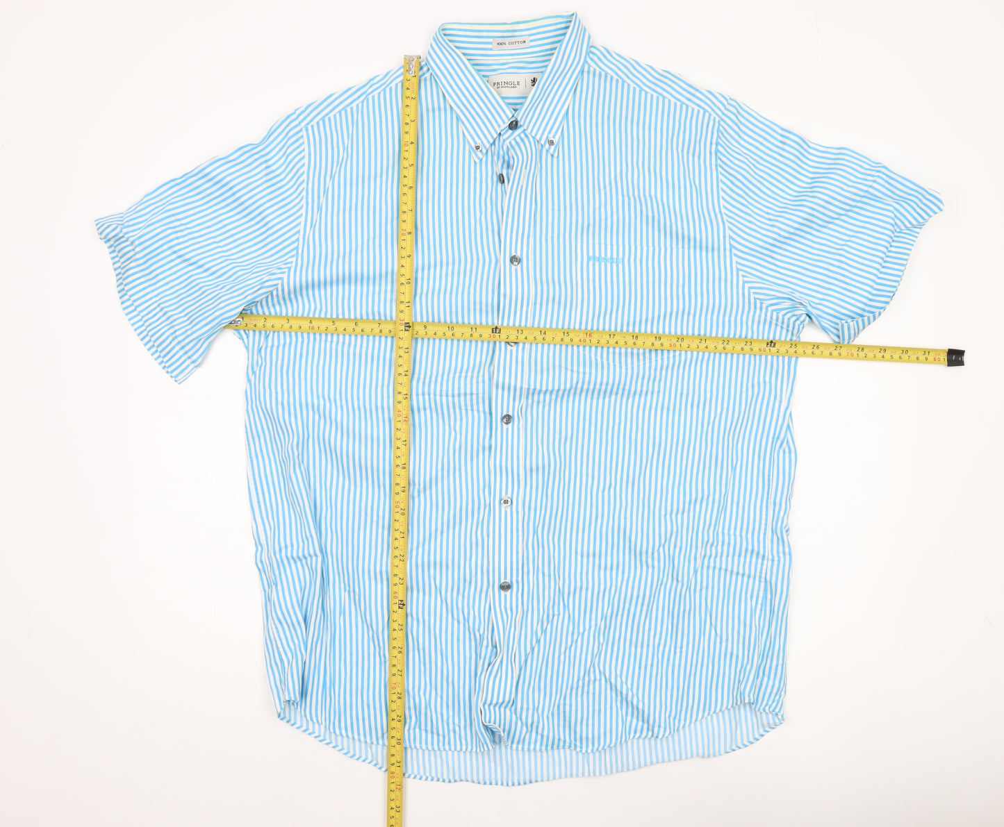 Pringle of Scotland Men's Blue Striped Cotton Short Sleeve Button-Up Shirt XL