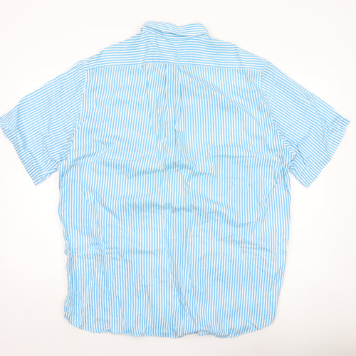Pringle of Scotland Men's Blue Striped Cotton Short Sleeve Button-Up Shirt XL