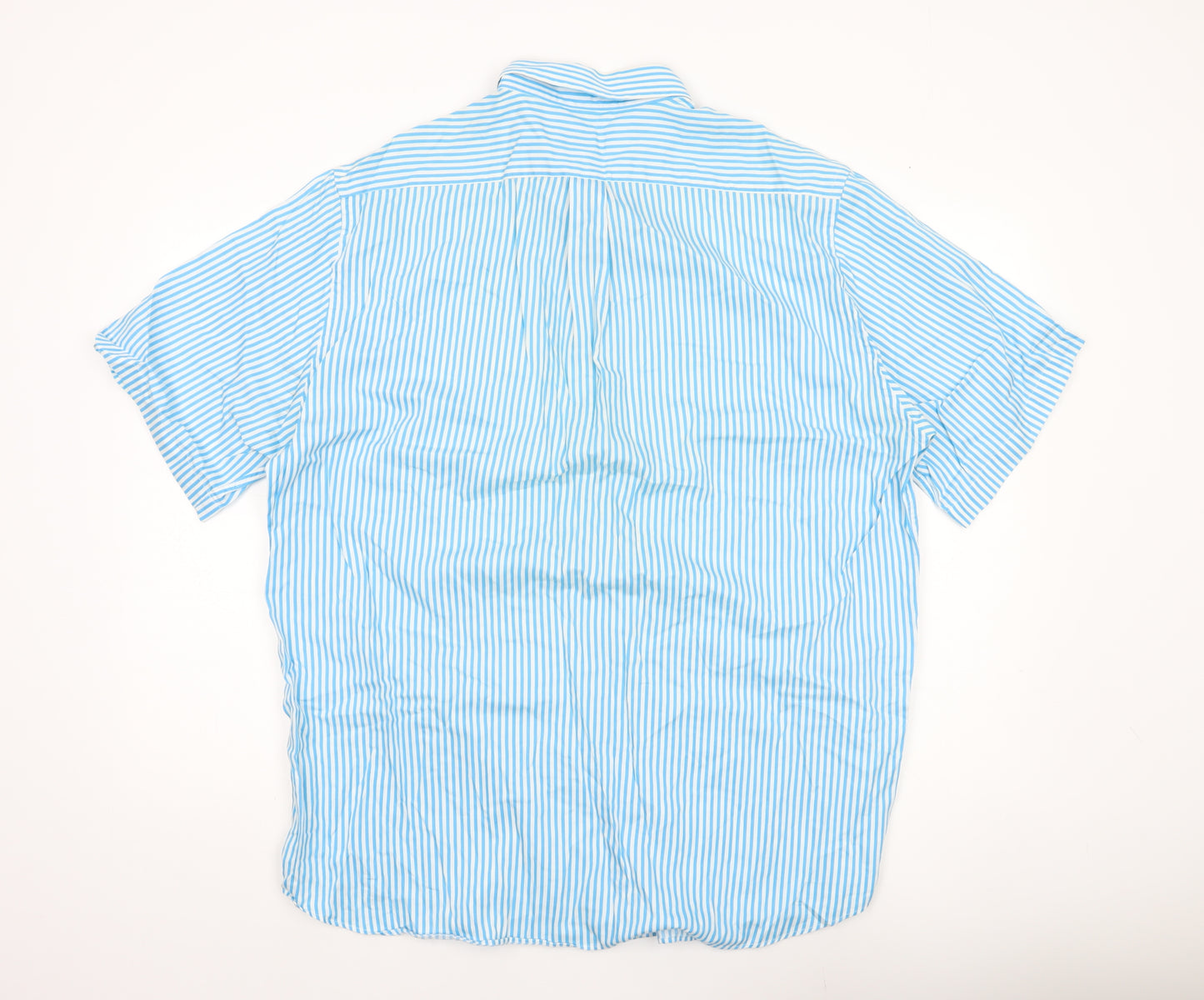 Pringle of Scotland Men's Blue Striped Cotton Short Sleeve Button-Up Shirt XL