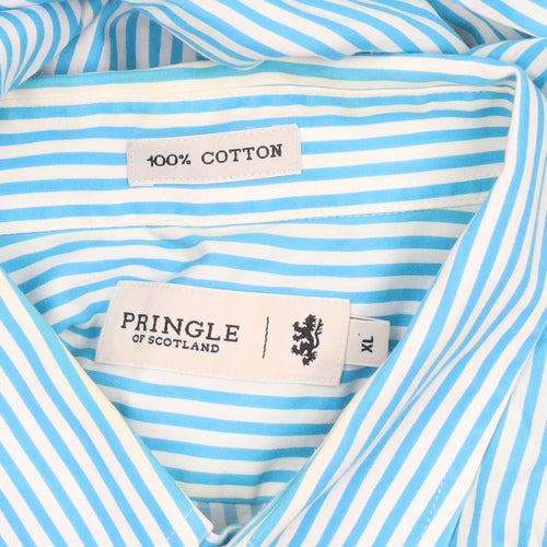 Pringle of Scotland Men's Blue Striped Cotton Short Sleeve Button-Up Shirt XL