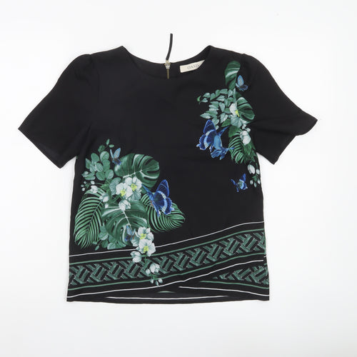 Oasis Womens Black Floral Butterfly Blouse Size 6 Short Sleeve