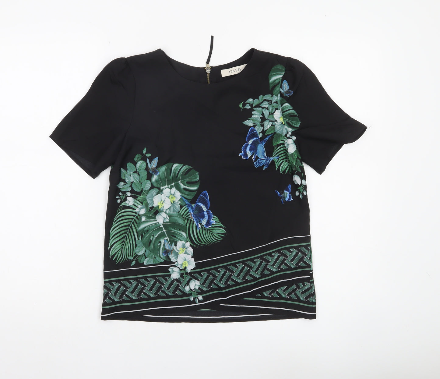 Oasis Womens Black Floral Butterfly Blouse Size 6 Short Sleeve